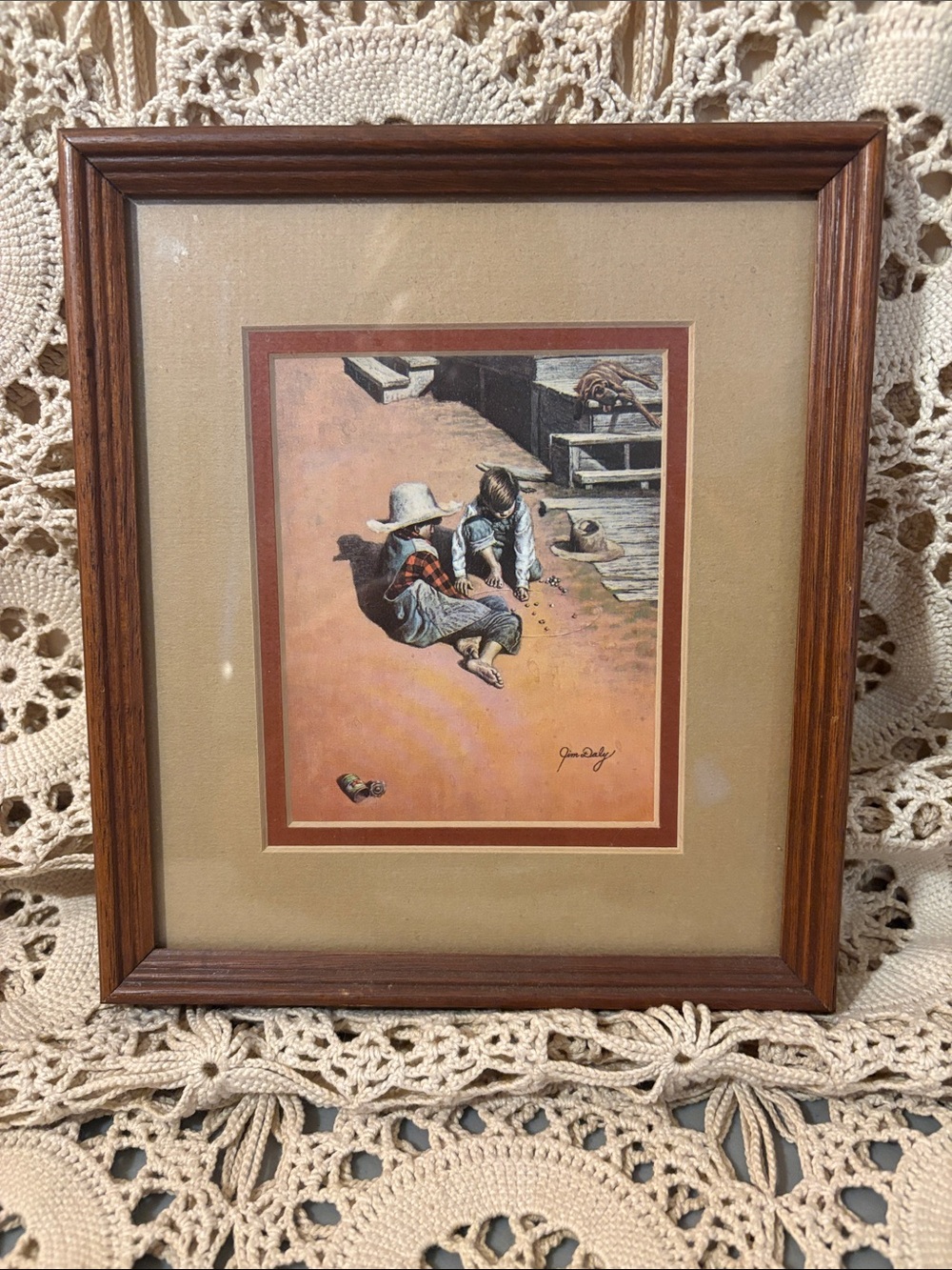 Vintage Jim Daly Framed Boys playing Marbles